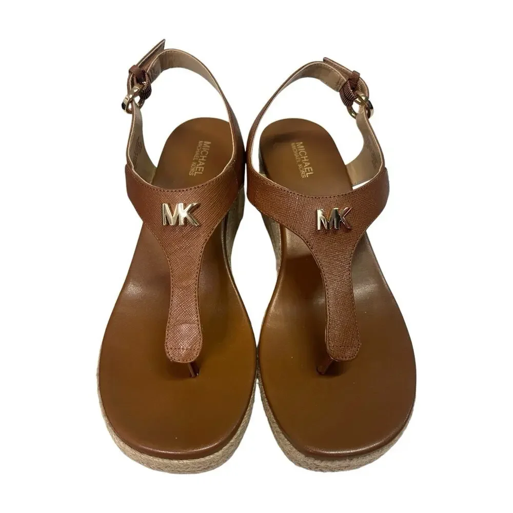 New Michael Kors Sandals Womens 7.5 Brown Leather T Strap Wedge Espadrille Beach